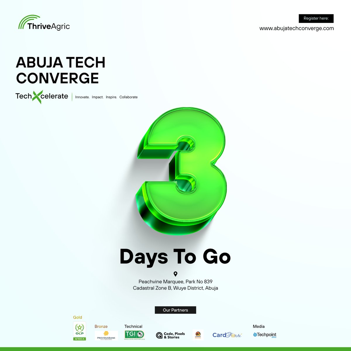 thriveagric's tweet image. We&apos;re 3 days away! 💃 

#ThriveAgric #AbujaTechConverge #TechXcelerate #TechInnovation #DigitalTransformation #Techenthusiasts #Techlovers #Techweek #TAP
