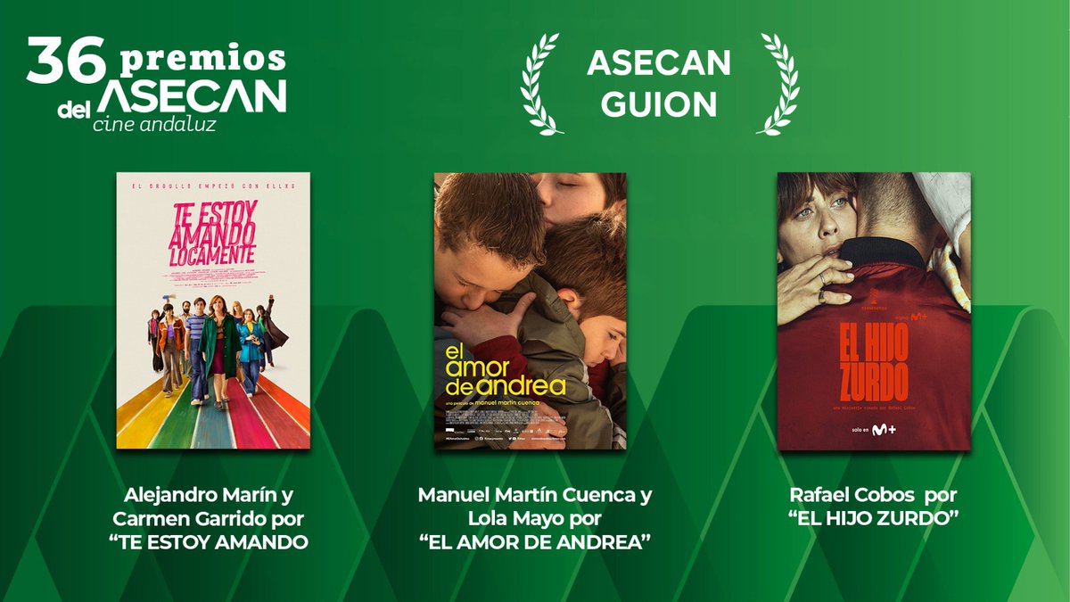 ASECAN__'s tweet photo. 🍀Premio Asecan Guion: Alejandro Marín y Carmen Garrido por ‘Te estoy amando locamente’, Manuel Martín Cuenca y Lola Mayo por ‘El amor de Andrea’ y Rafael Cobos por ‘El hijo zurdo’ Nominados #Asecan36 https://t.co/CPF5KXU4Jk