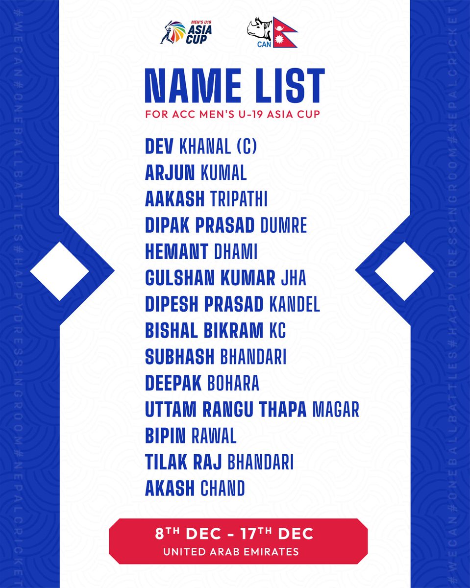 CricketNep's tweet photo. Squad Announcement 🏆

Our 14-men squad gears up for the ACC Men's U-19 Asia Cup, set to ignite the cricketing stage in the UAE starting December 8th.🔥

#weCAN | #HappyDressingRoom | #OneBallBattles | #NepalCricket https://t.co/I6TddQG1Sd