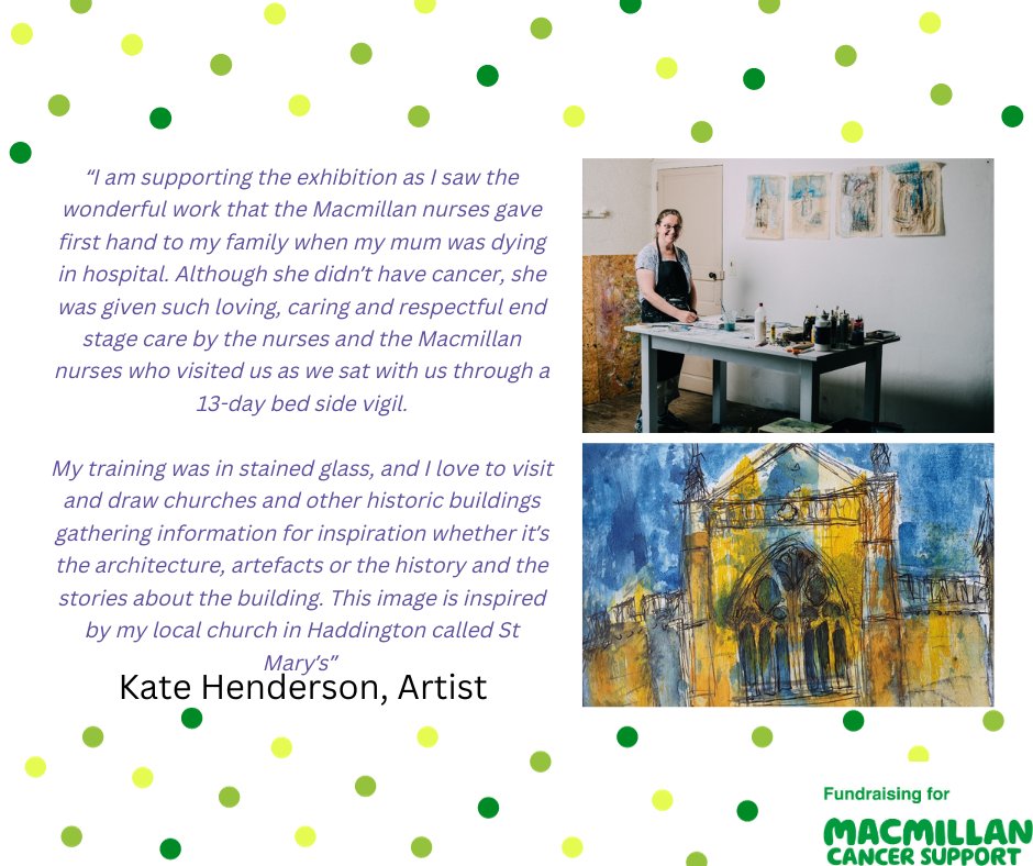 One of our artists, Kate Henderson is trained in stained glass and often takes inspiration from churches and other historic buildings - read why she's supporting this year's Edinburgh Macmillan Art Show. macmillanartshow.square.site/product/kate-h… #artforagreatcause #macmillanartshow #artiststories