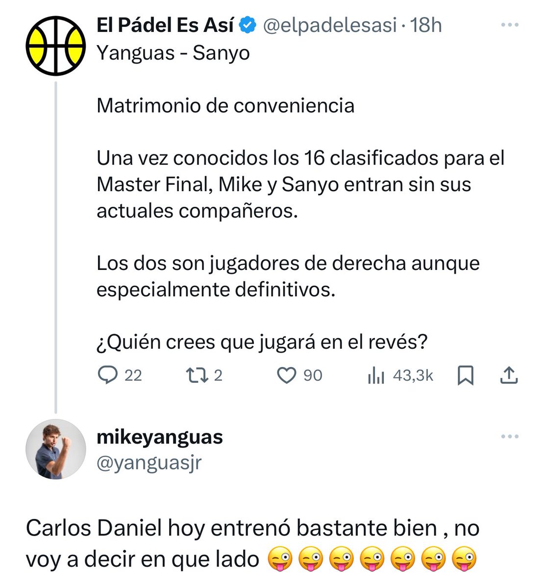 AnalistasPadel's tweet image. 🔥SANYO/YANGUAS=MASTER FINAL🤩

📌¿Quién jugará en el revés? Te leemos👀👇🏾

#padel #wptmasterfinal #analistaspadel