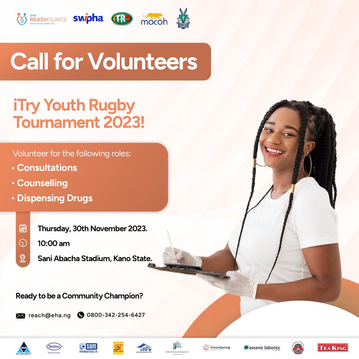 Calling on all changemakers!  🔔

Ready to sprinkle some kindness and make a difference? 

Here is an opportunity to do so!

We need you to help drive our outreach on Thursday 30th November at Sani Abacha stadium, Kano State. 

Kindly email to reach@eha.ng to volunteer.

#Rugby