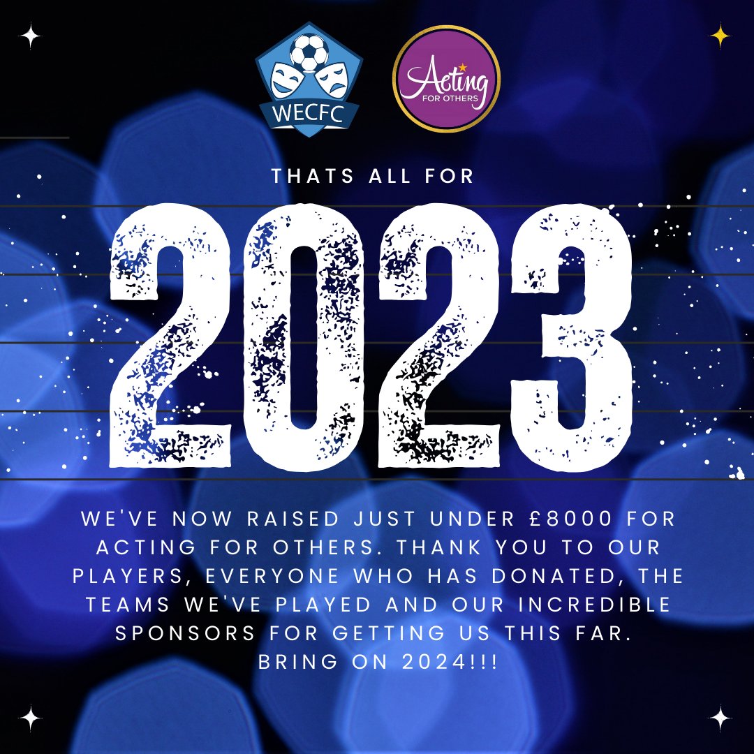West End Charity Football Club (@wecfc1) on Twitter photo 2023! Complete β
What a year it's been!
We're incredibly proud to say we've now raised just under Β£8000 for <a href="/ActingforOthers/">Acting for Others</a>
Thank you to our players, everyone who has donated and our incredible sponsors for 2023 for getting us this far!!
Bring on 2024! 2023! Complete β
What a year it's been!
We're incredibly proud to say we've now raised just under Β£8000 for <a href="/ActingforOthers/">Acting for Others</a>
Thank you to our players, everyone who has donated and our incredible sponsors for 2023 for getting us this far!!
Bring on 2024!