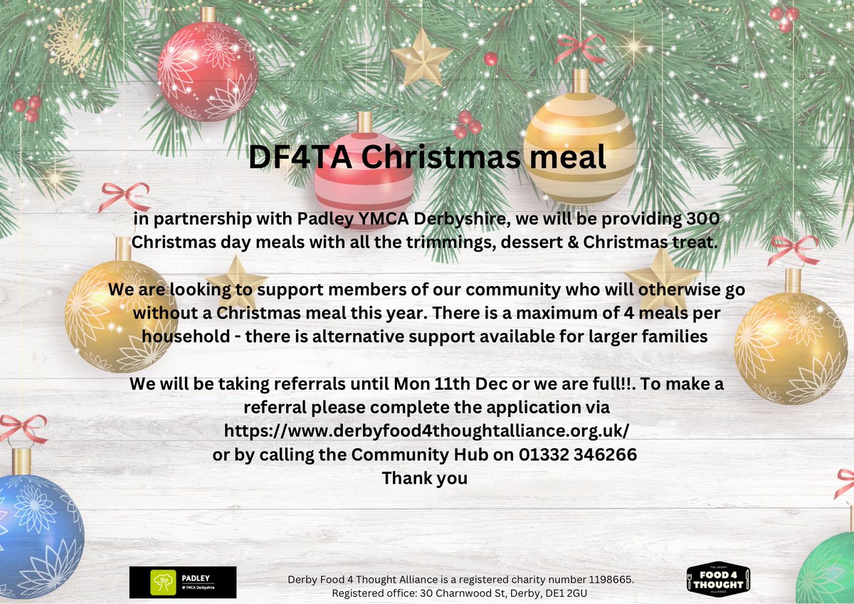 DF4TA in partnership with @padley_ymcad we will be providing 300 Christmas meals supporting members of our community who will otherwise go without conditions (max 4 meals) apply for more info click the link derbyfood4thoughtalliance.org.uk/news/df4ta-chr… or by calling the Community Hub on 01332 346266