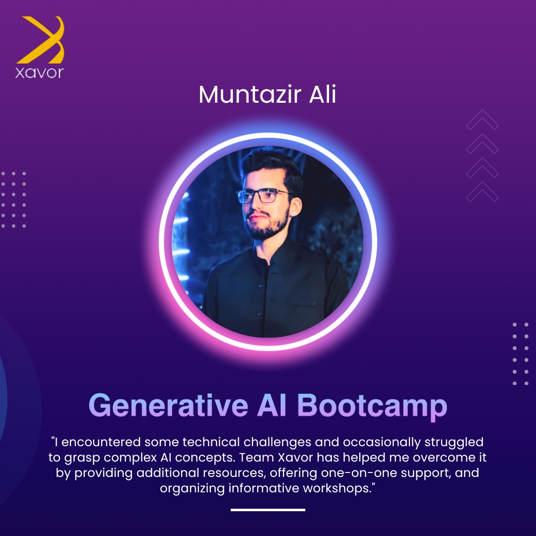 XavorCorp's tweet image. Xavor offers a supportive learning environment to its bootcamp participants

Here&apos;s what Muntazir Ali had to say about his experience when we asked our Generative AI Bootcamp 2023 participants about the program challenges they have faced thus far

#bootcamp #learningprogress #ai