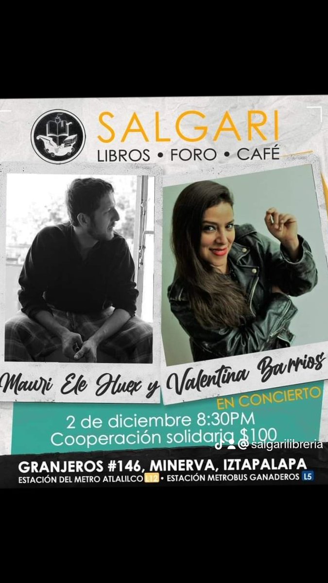 @valentinabarriosmx Rockera y narradora junto a Ele Huex compositor incansable de rolas magníficas, estarán juntos por primera vez compartiendo micrófono en Salgari. Les esperamos.
