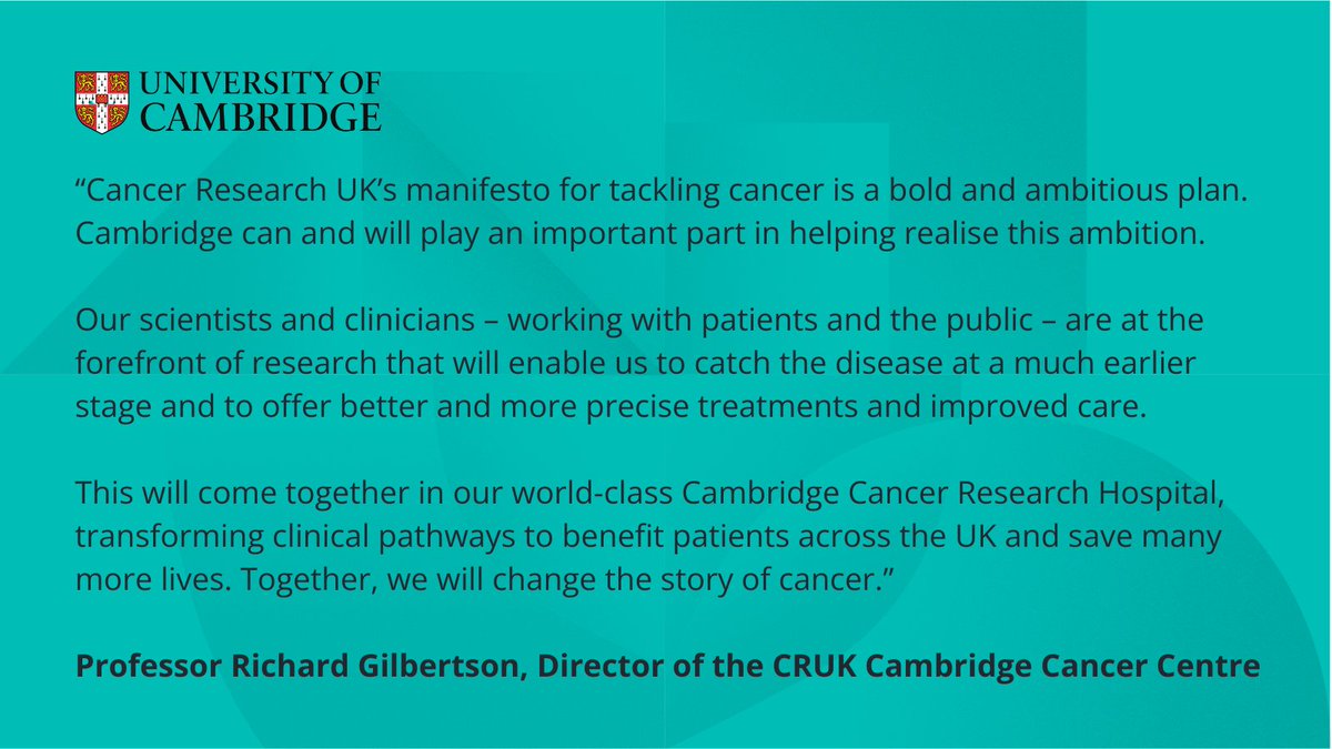 'Cancer Research UK's manifesto for tackling cancer is a bold and ambitious plan... Together, we will change the story of cancer.'

Professor Richard Gilbertson, Director of the @CRUKCamCentre, comments on @CR_UK's #CancerManifesto #LongerBetterLives 🔽