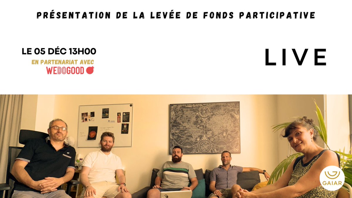GaiarOfficial's tweet photo. Nous vous invitons à notre premier live le mardi 05 décembre à 13h00 en compagnie de @wedogood_co  !

Retrouvez nous afin d'en apprendre plus sur notre levée de fonds participative.
🖥️ https://t.co/okd1iJRu62

#Livestream #wedogood #gaiar #crowdfunding https://t.co/K7M6MTDaxR