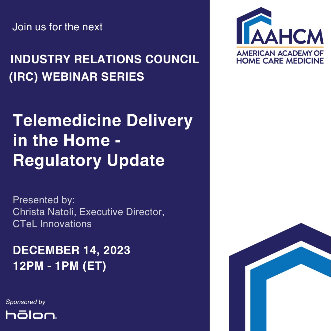 Join the next AAHCM IRC webinar, Telemedicine Delivery in the Home - Regulatory Update on Dec. 14 at 12pm ET. Register now: loom.ly/svjw4yo #AAHCM #homemedicine #telemedicine #webinar