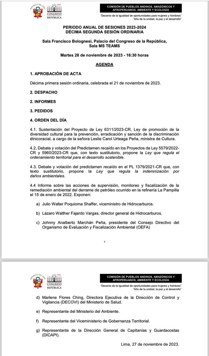 Hoy en la Comisión de Pueblos Andinos Amazónico Afroperuano Ambiente y Ecología, presentaremos el pre dictamen sobre ordenamiento territorial  y se han citado a representantes de diversos sectores para que informen las acciones de re mediación a raíz del derrame de Repsol.  

La