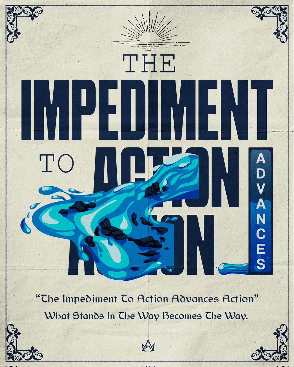 The Impediment to action advances action.

Poster design.

The impediment here is represented by the rocks, which becomes the pathway for the water as it navigates around them, depicting the idea that obstacles can shape and guide the course of action.