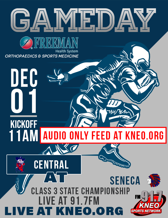 kneo917sports (@kneo917sports) on Twitter photo It's the Class 3 State Championship game as Seneca takes on Central (Park Hills.) You can listen to all the action live on KNEO 91.7 FM and the live audio stream at kneo.org. Pregame begins at 10 AM with kickoff set for 11. <a href="/SenecaAthletic1/">Seneca Athletics</a> <a href="/FootballSeneca/">Seneca Football</a> It's the Class 3 State Championship game as Seneca takes on Central (Park Hills.) You can listen to all the action live on KNEO 91.7 FM and the live audio stream at kneo.org. Pregame begins at 10 AM with kickoff set for 11. <a href="/SenecaAthletic1/">Seneca Athletics</a> <a href="/FootballSeneca/">Seneca Football</a>