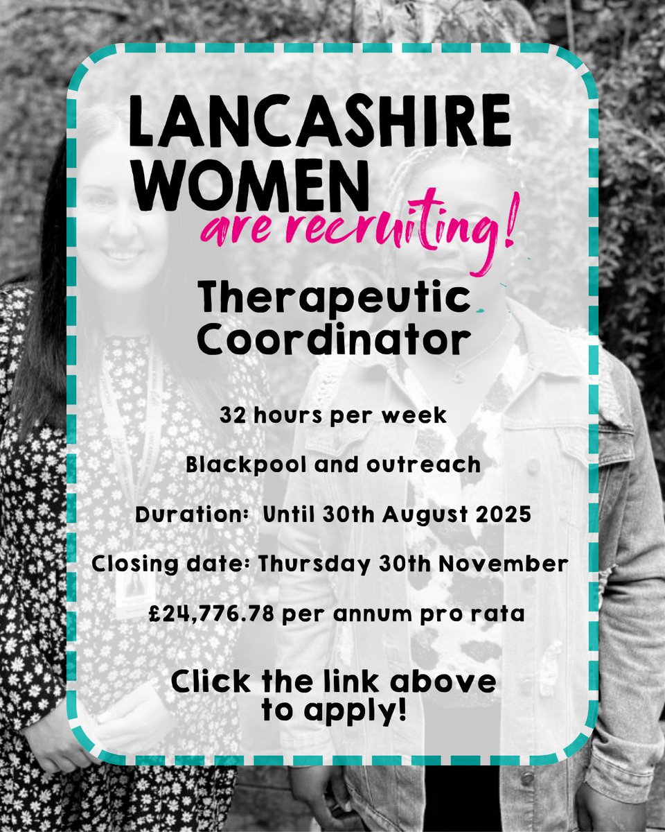 🚀 WE'RE RECRUITING 🚀

If you're a dynamic and methodical individual with a real passion for supporting women - this role is for you!

To learn more about the Therapeutic Coordinator role, click here 👉 lancashirewomen.org/about-us/caree…

#Recruitment #TherapeuticCoordinator
