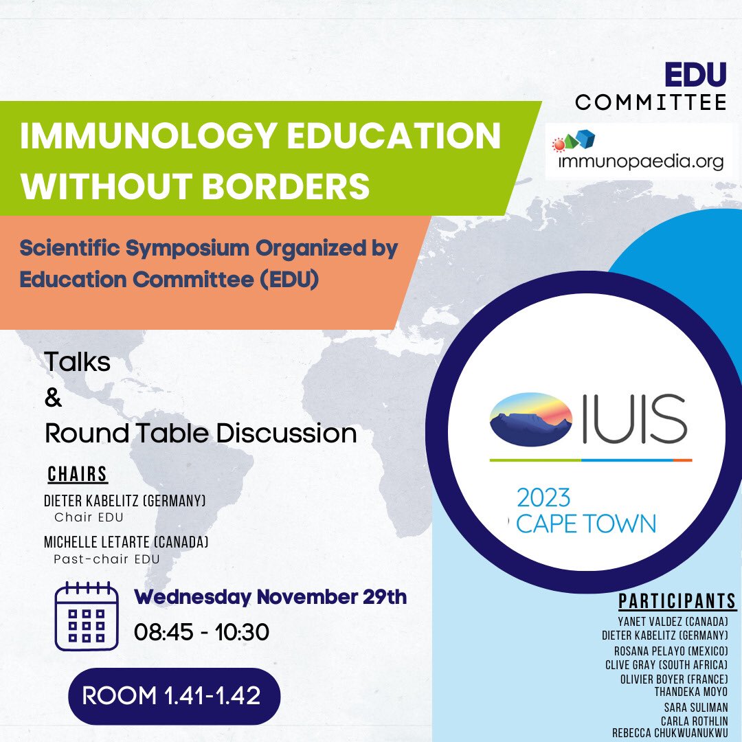 ✨Don’t miss our symposium on #ImmunologyWithoutBorders 🌍 & Special Tribute to the heart of the EDU Committee #MichelleLetarte 👏👏 Come & say #ThankYou for her tireless efforts to educate immunologist around the world, specially in low and middle income countries 💫 #iuis2023