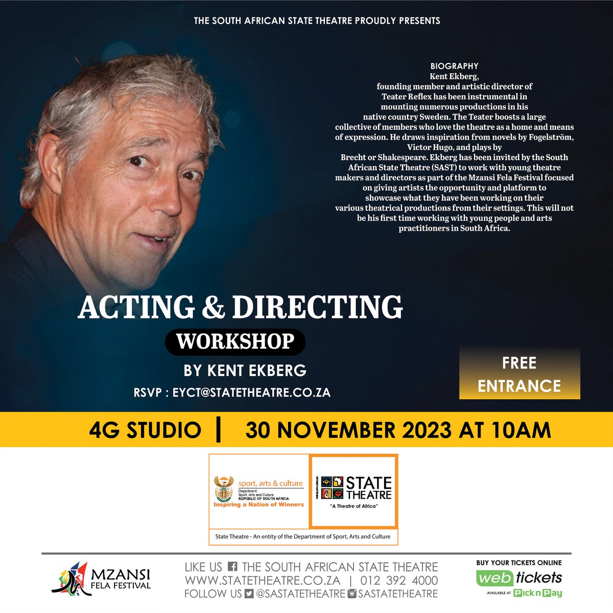 sastatetheatre's tweet image. Lights, camera, action! 🎥 Join us on 30th November at 10am for an exciting acting and directing workshop. Reserve your spot now! RSVP to eyct@statetheatre.co.za to book your spot. 🌟🎭 #LightsCameraAction #ActingWorkshop #DirectingWorkshop #SAST