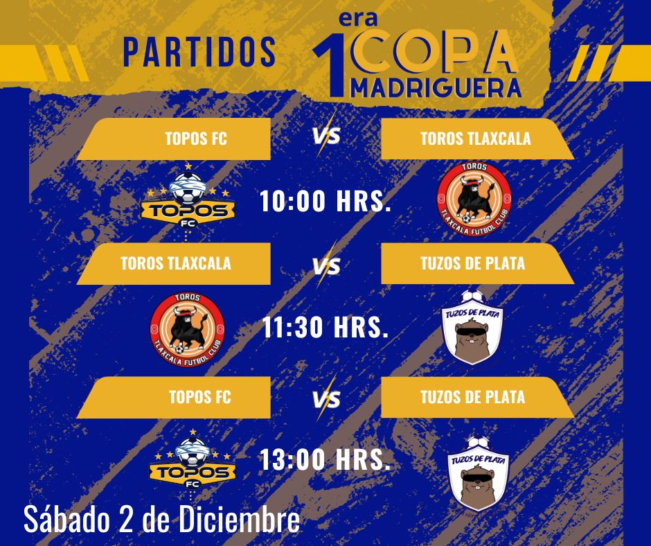 ToposFCPuebla's tweet photo. ¿Quiénes competirán por la Primera Copa Madriguera?
Tuzos de Plata Oficial
Toros Tlaxcala Fútbol Club de Ciegos y Débiles Visuales
Topos FC.
¡No te pierdas estos encuentros el pr��ximo sábado 2 de Diciembre!. Entrada Libre.
#CopaMadriguera #CDCMadriguera #ToposFC #SomosTopos https://t.co/PCglj2nmyt