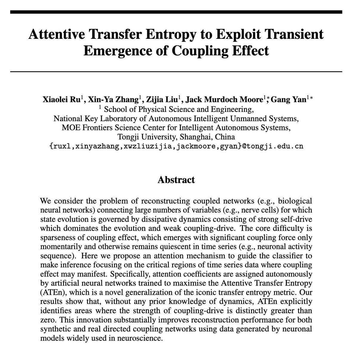 Excited to share our #NeurIPS2023 conference paper.

🔥🚀Attentive Transfer Entropy to Exploit Transient Emergence of Coupling Effect 🚀🔥

See you at New Orleans.