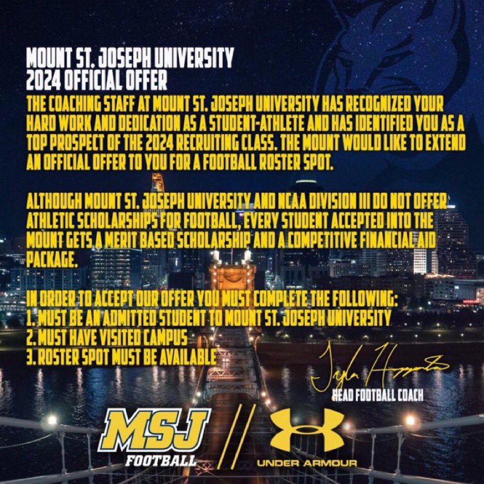 Weston Bergman (@16weston) on Twitter photo #AG2G After a great conversation with <a href="/JT_FTF/">Coach JT🚀</a> I am blessed to receive my 3rd offer to play at the collegiate level.
<a href="/MSJ_FB/">Mount St. Joseph Football</a>
@WariorsCHS <a href="/Coach_JoshShaw/">Josh Shaw</a> <a href="/CoachKRBJr/">Kevin Burnette Jr.</a> <a href="/RecruitGeorgia/">Recruit Georgia</a> <a href="/HSFBCherokee/">Cherokee County Football Recruiting Page</a> <a href="/247Sports/">247Sports</a> <a href="/Rivals/">Rivals</a> <a href="/GAEliteClassic/">GeorgiaEliteClassic</a> #AG2G After a great conversation with <a href="/JT_FTF/">Coach JT🚀</a> I am blessed to receive my 3rd offer to play at the collegiate level.
<a href="/MSJ_FB/">Mount St. Joseph Football</a>
@WariorsCHS <a href="/Coach_JoshShaw/">Josh Shaw</a> <a href="/CoachKRBJr/">Kevin Burnette Jr.</a> <a href="/RecruitGeorgia/">Recruit Georgia</a> <a href="/HSFBCherokee/">Cherokee County Football Recruiting Page</a> <a href="/247Sports/">247Sports</a> <a href="/Rivals/">Rivals</a> <a href="/GAEliteClassic/">GeorgiaEliteClassic</a>
