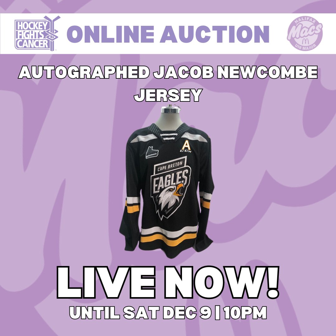 Our online auction for an Autographed Jacob Newcombe Cape Breton Eagles jersey is now open: 32auctions.com/organizations/… (minimum opening bid $150)
Thank you to the CB Eagles for this donation!

All funds raised will go to our Hockey Fights Cancer Campaign.