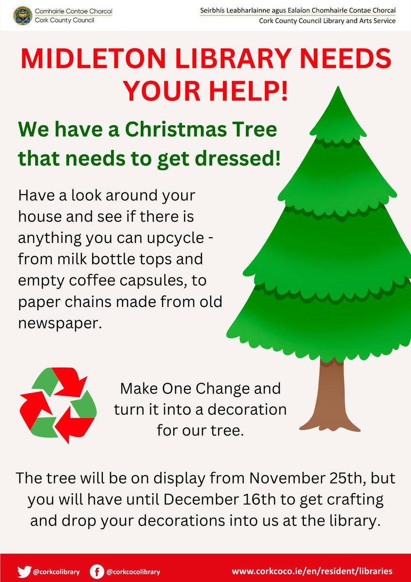 corkcolibrary's tweet image. ⚠️#MidletonLibrary needs your help!  We have a Christmas Tree that needs decorating! 😲  Can you find anything that you can upcycle, #MakeOneChange and turn it into a decoration!♻️  🎄 Get crafting and drop your work into us!

#CorkCountyCutsCarbon #CommunityProject