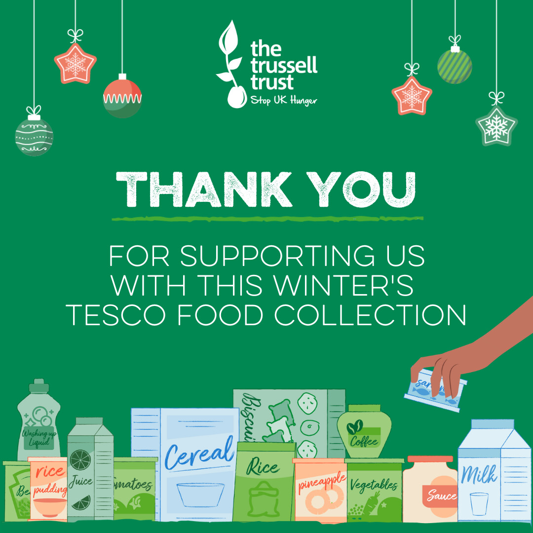 A big thank you to <a href="/Tesco/">Tesco</a>, our volunteers and everyone who donated during the Tesco food collection.

Your generous support means we can continue to help people facing hardship in our community this winter. 💚