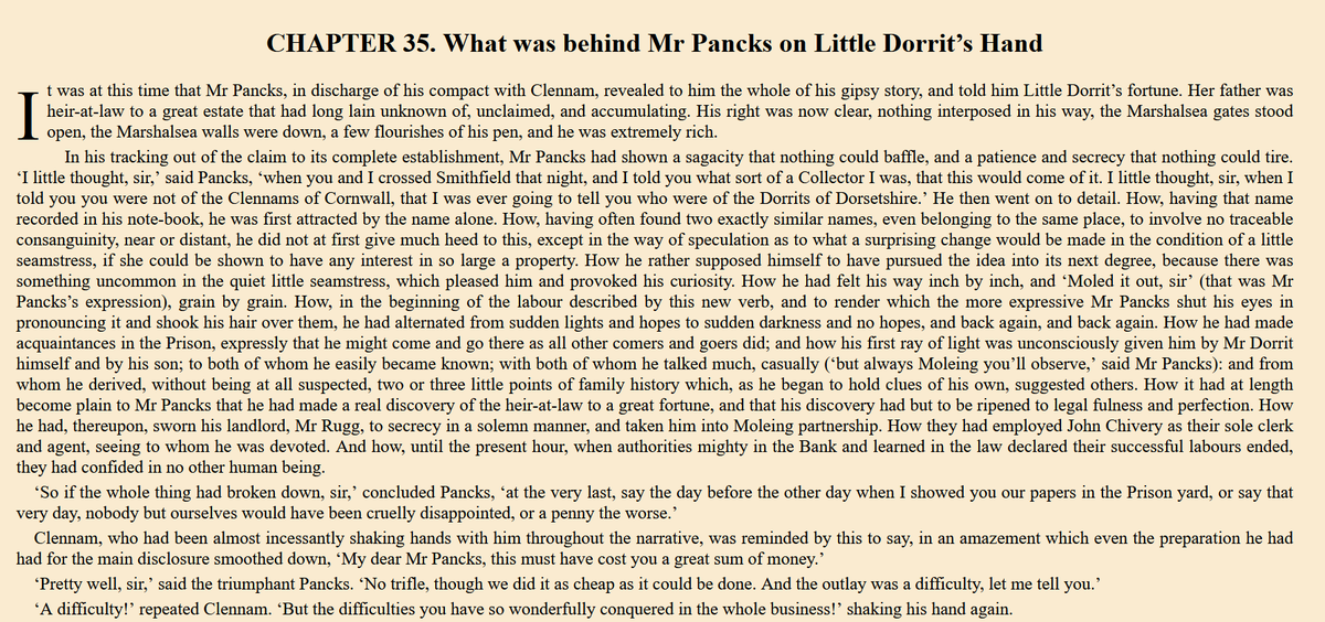 Dave_Lifelines's tweet photo. Dickens uses a lovely phrase in Little Dorrit to describe what genealogists do. Mr Pancks explains how he had had discovered that the Dorrits were the rightful heirs of a fortune:

     "Moled it out, sir"

The whole scene is an excellent description of evidence-based research! https://t.co/qwPGWj0fNa