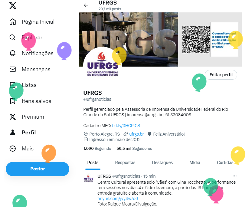 "Que tu colhas sempre, todo dia, paz e alegria na lavoura da amizade!"

Hoje é aniversário de 89 anos da UFRGS! Subiram os balõezinhos!