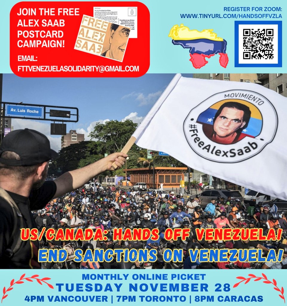 Están cordialmente invitados hoy #28Noviembre al webinar mensual “US/Canada: HandsOffVenezuela”, 8 pm hora de Caracas.

🔸Panelistas: Jesus Rodríguez, @OrinocoTribune, @TomBurkeChicago, @stopfbi, @freedomroadorg, Maricarmen Guevara, @ALBACANADA1 y el @FreeAlexSaabOrg