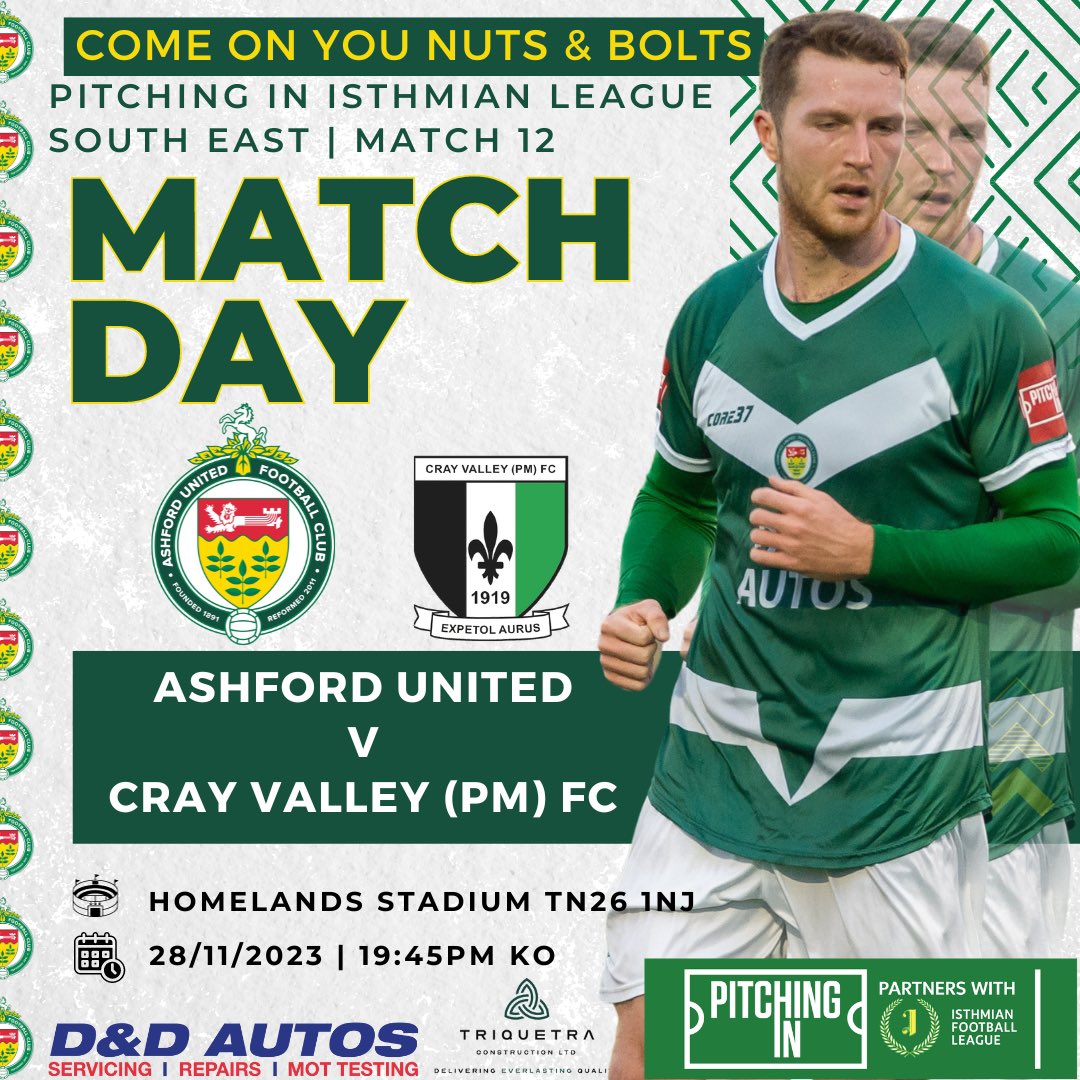 AshfordUnitedFC's tweet photo. Match Day!
Let’s Go!!!
@IsthmianLeague | Match 12
🗓️ - Tue | Nov 28th
⚽️ - @CrayValleyPM
🏟️ - Homelands Stadium TN26 1NJ
🎟️ - Adult £10 | Concessions £6 | U18 £1
*Payable by cash on the gate
🕰️ - 19:45pm Kick Off
#AUFC #coynab #ForFelix 💚💛 https://t.co/vZKUkutJYk