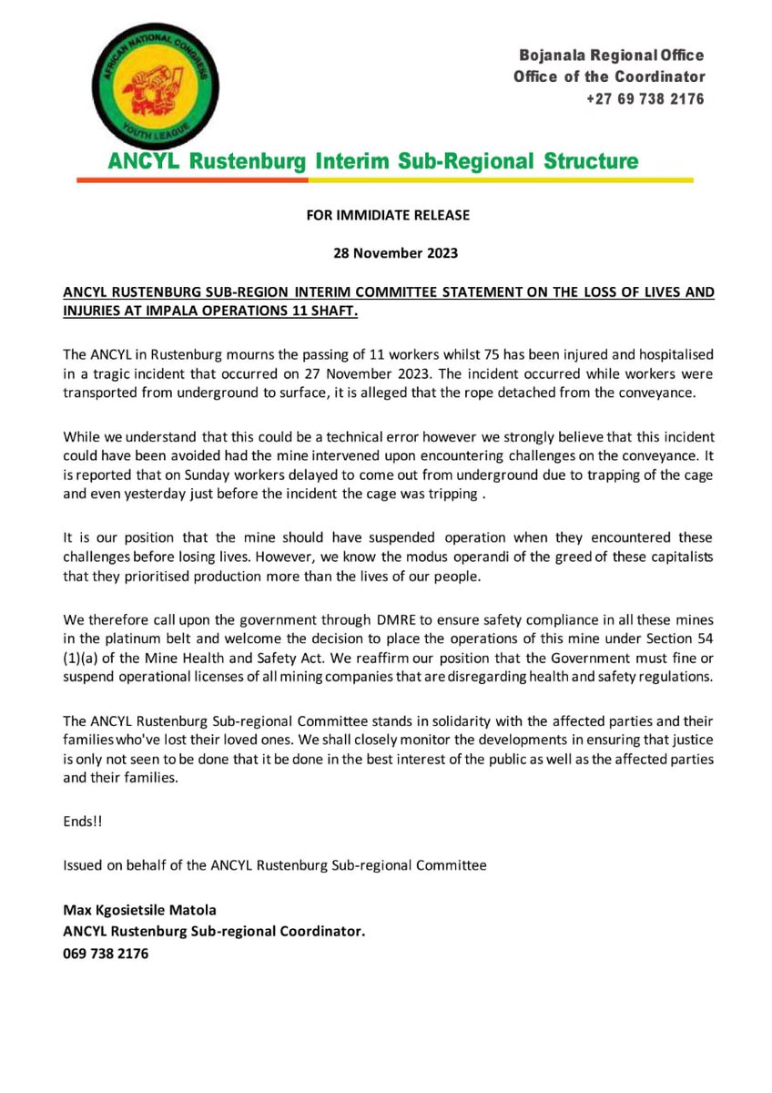MaxWaAzania's tweet photo. The ANCYL Rustenburg Sub-regional Committee mourns the passing of 11 workers 11 Shaft Impala Rustenburg operations. https://t.co/NxiLU9QcPC