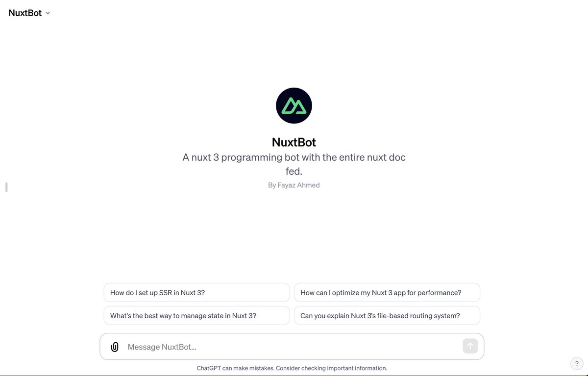 fayazara's tweet photo. GPT does not know a lot about @nuxt_js 3 or Vue 3

So I have fed the entire Nuxt 3 docs and created a bot (wrote a script to scrape all the .md files from their content directory) 

I am not sure how good it is yet. I will keep testing it and improving it
https://t.co/iSPZgqxa4g https://t.co/IcU1coc5Kc