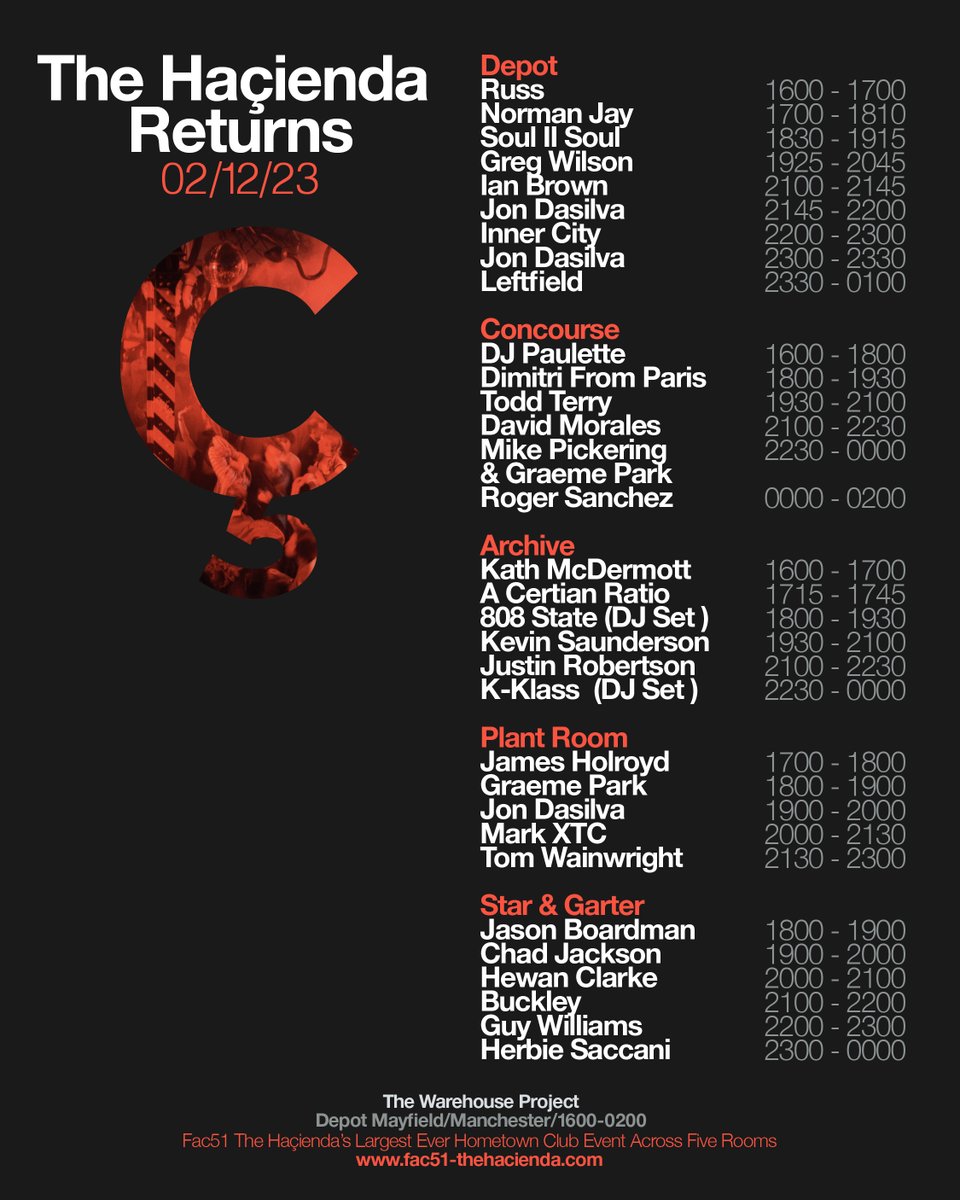 THE HACIENDA RETURNS  - SET TIMES Sat set times. Please note doors open at 1600 last entry is 1900. We advise arriving early. Unfortunately Peter Hook is unable to perform on Sat. Hooky sends his love and well wishes for whats set to be a very special party!  See you soon x