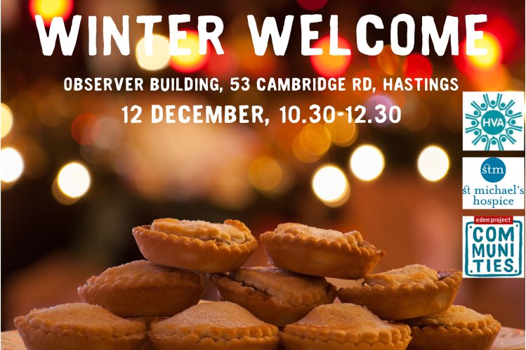 Hastings Voluntary Action, Eden Project Communities and St Michael’s Hospice invite you to a Winter Welcome event on 12 December. Primarily for older people but open to anyone who would like to attend. The event is free and the venue is accessible. #hastings #olderpeople