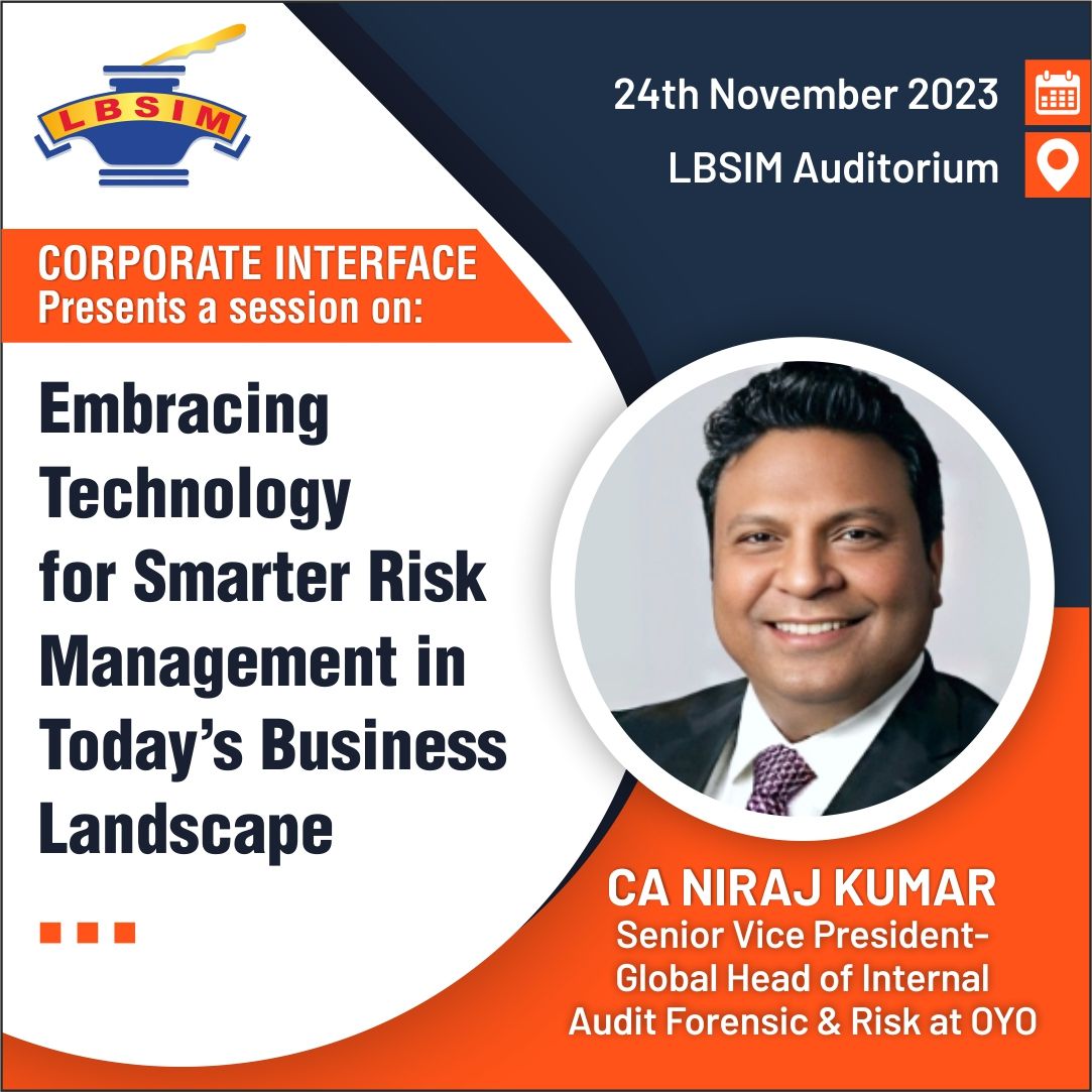 LBSIMOnline's tweet photo. LBSIM Delhi organized an expert Corporate Interface Session on Embracing Technology for Smarter Risk Management in Today's Business Landscape on 24th Nov 2023.
Session was delivered by CA Mr. Niraj Kumar, SVP at OYO.
#LBSIM #MBA #PGDM #CorporateSession https://t.co/RCD2D2Nu6V