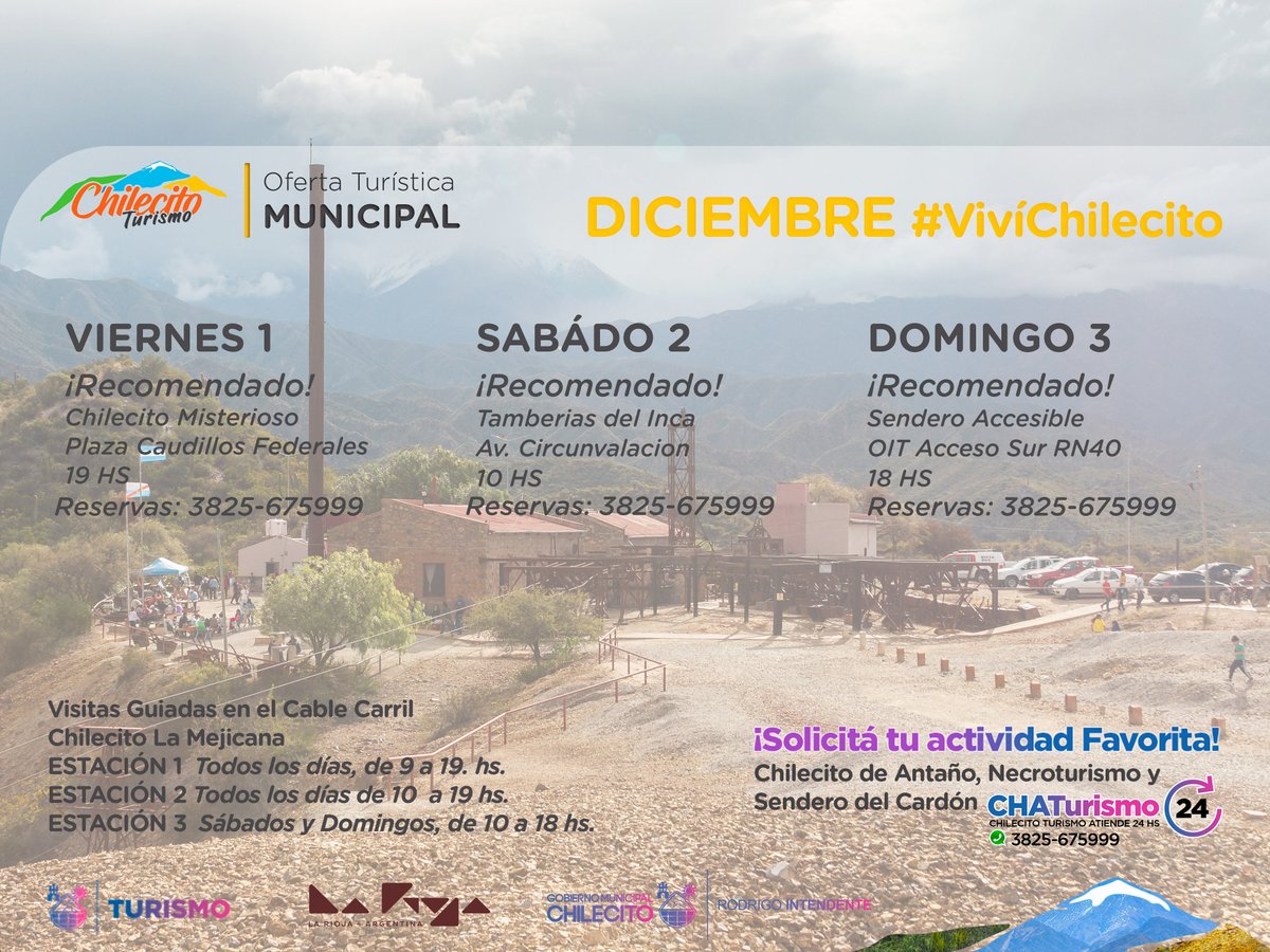 Oferta Turística Municipal en Chilecito del 27 de noviembre al 3 de diciembre:
° Chilecito Misterioso📍 Plaza Caudillos Federales ⏰ 19 HS
° Tamberias del Inca 📍Av. Circunvalación ⏰ 10 HS
° Sendero Accesible📍 OIT Acceso Sur RN40 ⏰ 18 HS
#RodrigoIntendente #QuintelaGobernador