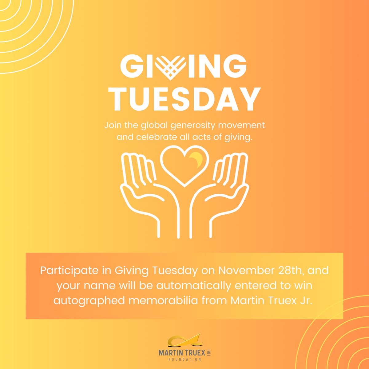 It’s #givingtuesday 💛 Your donation will go a long way to help a child diagnosed with cancer! To donate: app.donorview.com/goZw We’ll be randomly selecting donors throughout the day to win autographed memorabilia from MTJ himself! #givingtuesdaynow #givingtuesday2023