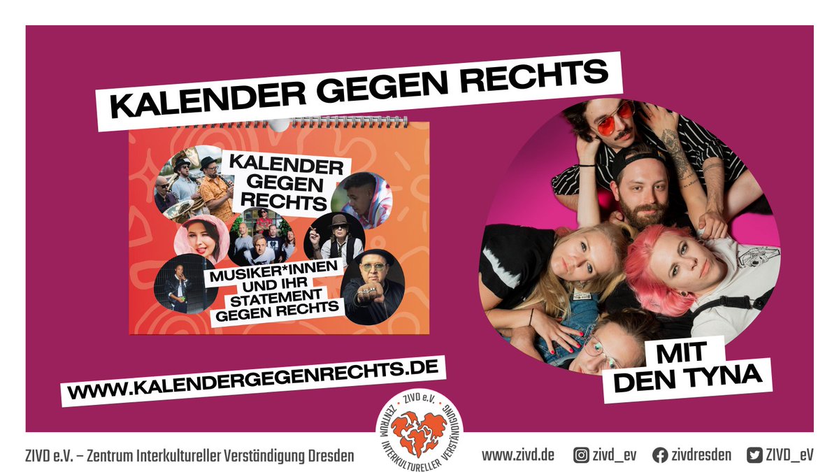 ZIVD_eV's tweet photo. Sie waren schon in #Dresden beim #SoliSound zu Gast und jetzt sind Sie auch in unserem #Kalender gegen Rechts dabei.
Die wundervolle Band Tyna
#FCKNZS #FCKAfD #neuesjahrneuesglück #neues
https://t.co/EWuTO4zyQP https://t.co/sByjLGzeN7