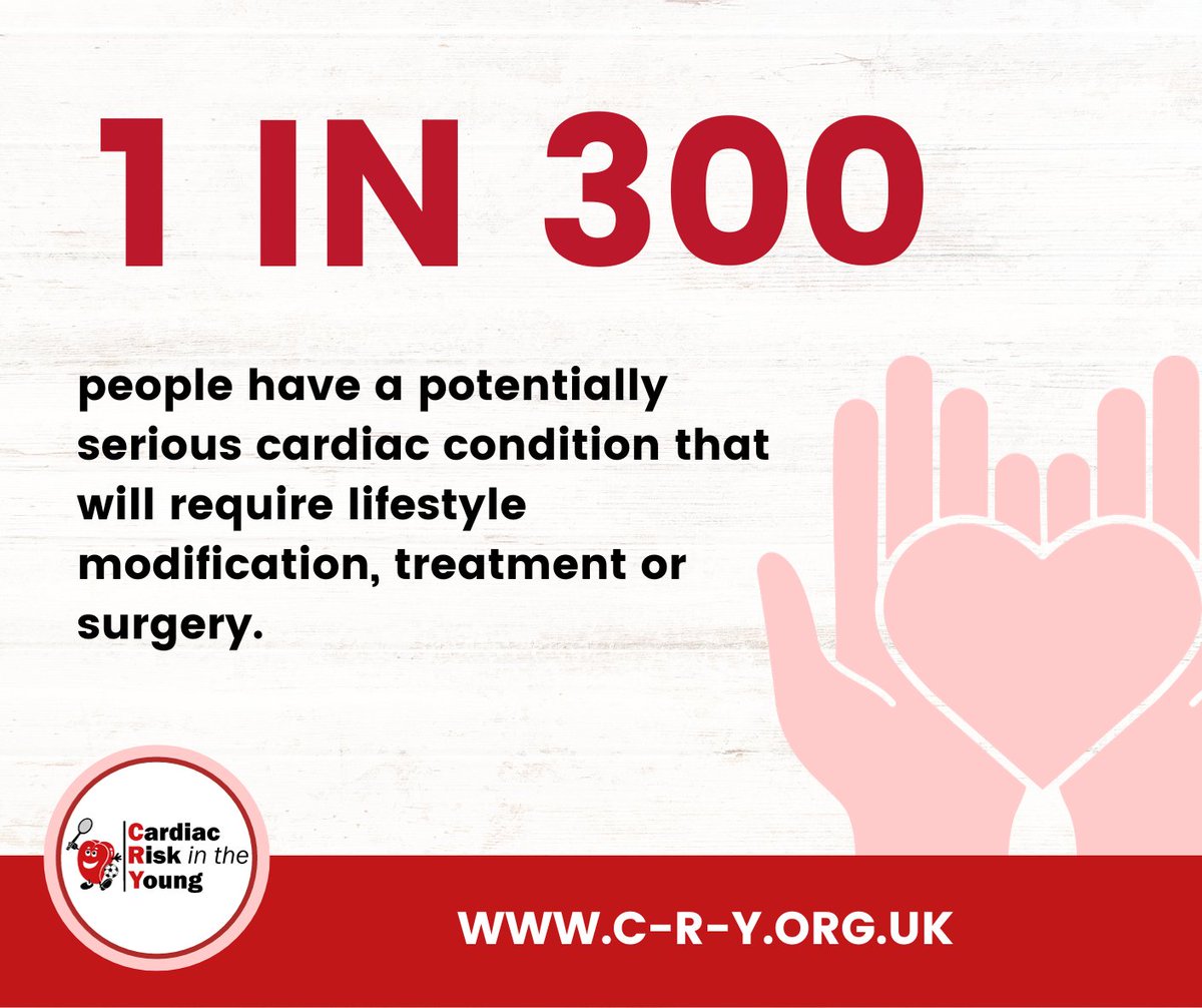 1 in 300 young people that <a href="/CRY_UK/">CRY</a> screens will have a potentially life-threatening heart condition.
CRY aims to save young lives by offering screening to anyone aged 14-35 thanks to the support and funding of those affected by a young sudden cardiac death. #TestMyHeart