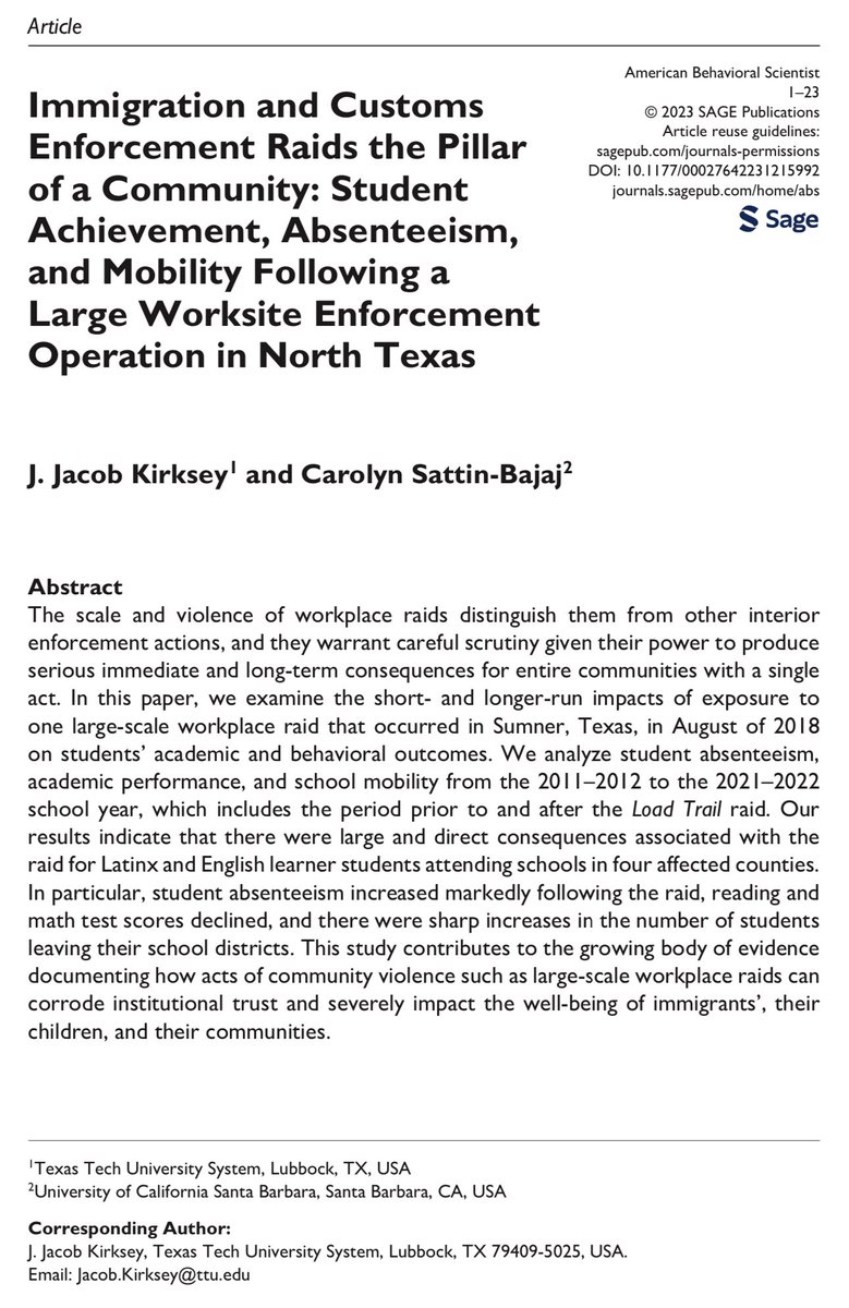 J. Jacob Kirksey (@jjacobkirksey) on Twitter photo 🚨 <a href="/CSattinBajaj/">Carolyn Sattin-Bajaj ☮️ @csattinbajaj.bsky.social</a> & I have an article out in <a href="/ABSjournal/">American Behavioral Scientist</a>, “Immigration and Customs Enforcement Raids the Pillar of a Community: Student Achievement, Absenteeism, and Mobility Following a Large Worksite Enforcement Operation in North Texas.” Summary🧵 1/x
doi.org/10.1177/000276… 🚨 <a href="/CSattinBajaj/">Carolyn Sattin-Bajaj ☮️ @csattinbajaj.bsky.social</a> & I have an article out in <a href="/ABSjournal/">American Behavioral Scientist</a>, “Immigration and Customs Enforcement Raids the Pillar of a Community: Student Achievement, Absenteeism, and Mobility Following a Large Worksite Enforcement Operation in North Texas.” Summary🧵 1/x
doi.org/10.1177/000276…