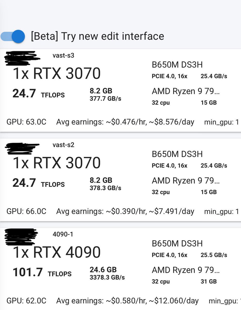 It is interesting to see the prices people are willing to pay for mining on Vast.ai

Here is a couple of my machines, and the 3070 machines are the standouts here…

Seems like ABEL is being mined on my machines.

I am NOT complaining! 👌