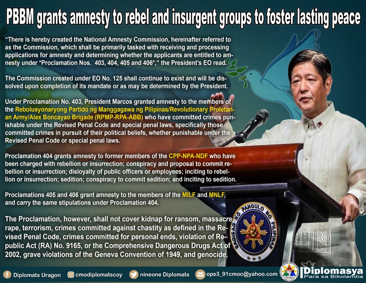 Nine1Diplomats's tweet photo. PBBM grants amnesty to rebel and insurgent groups to foster lasting peace

#AFPyoucanTRUST
#YourPhilippineArmy
#stongerarmystrongercountry
#KaagapayNgMgaBikolano https://t.co/3eiXzB1vSn
