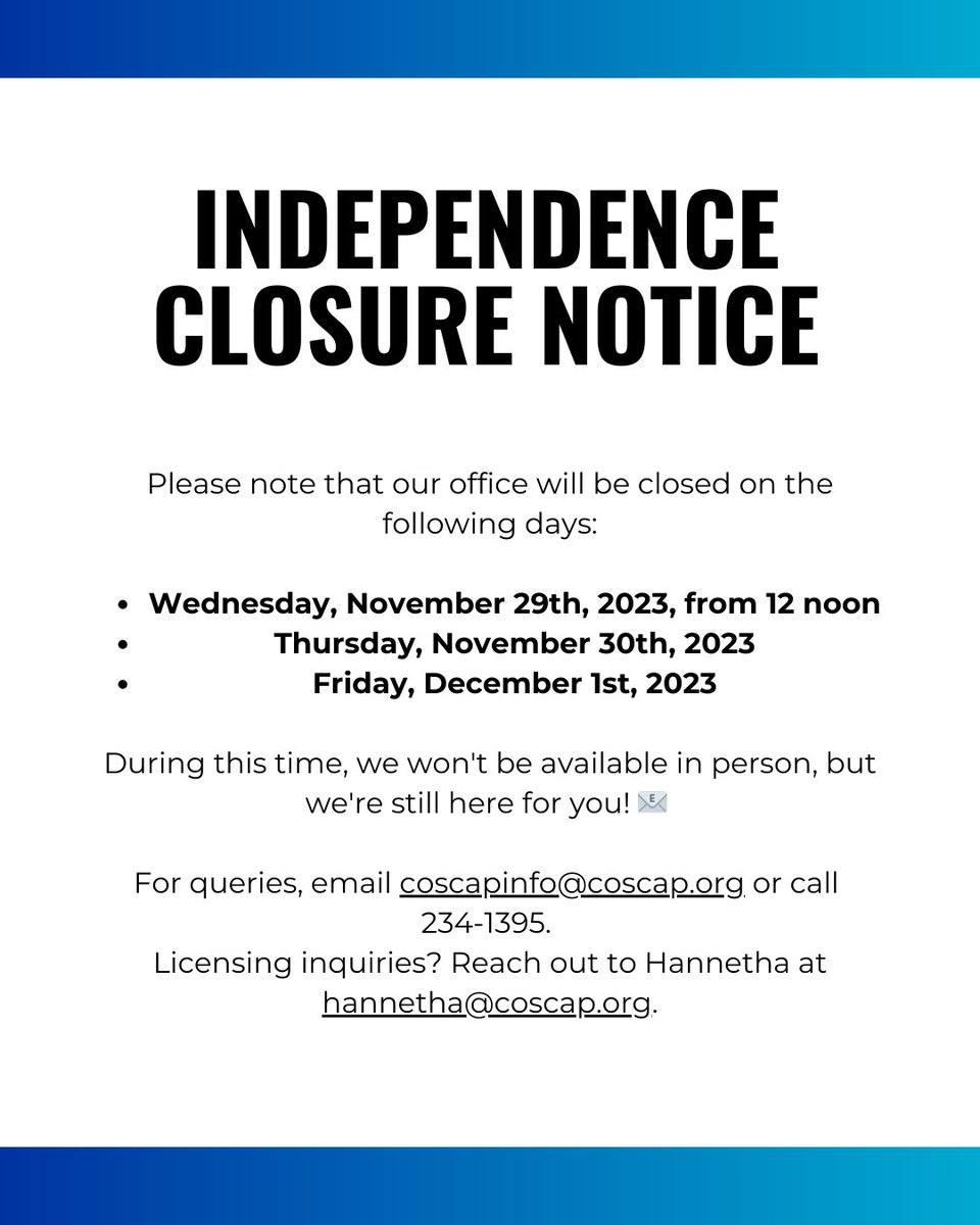 coscap's tweet image. Though our doors may be closed, we're just an email or call away! 📧✨ 

For queries, reach us at coscapinfo@coscap.org or call 234-1395. 

Licensing inquiries? Hannetha's got you covered at hannetha@coscap.org.

Thanks for your understanding! 🙏🏽