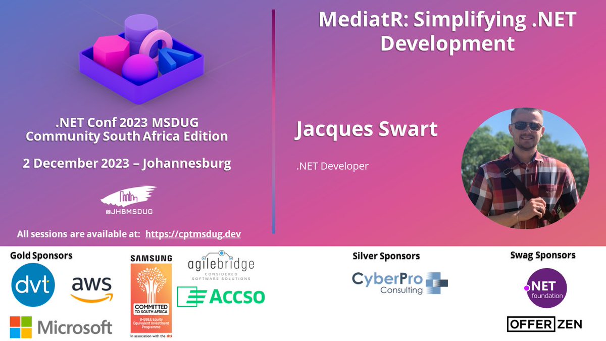 jhbmsdug's tweet image. Join Jacques  for &quot;MediatR: Simplifying .NET Development&quot; at this year&apos;s in-person .NET Conf 2023 MSDUG Community South Africa  2 Dec in Johannesburg #DotNETConfSA #dotnetconf   cptmsdug.dev