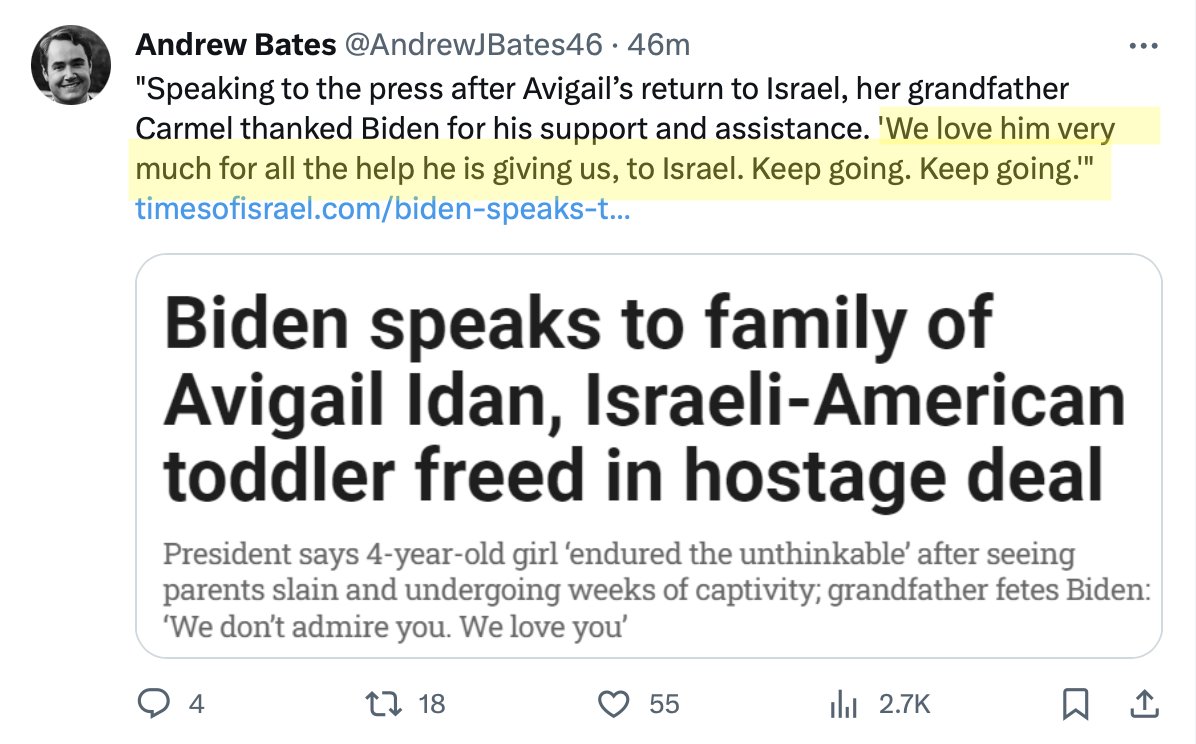 scarylawyerguy's tweet photo. "Biden thanked by the family of a four-year-old kidnapped by terrorists for helping to get her released" is only a story in Israel. The U.S. media would sooner gargle bleach than ever say a good thing about Biden. https://t.co/HiFG61wY56