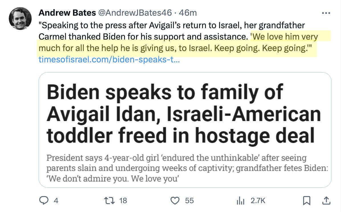 'Biden thanked by the family of a four-year-old kidnapped by terrorists for helping to get her released' is only a story in Israel. The U.S. media would sooner gargle bleach than ever say a good thing about Biden.