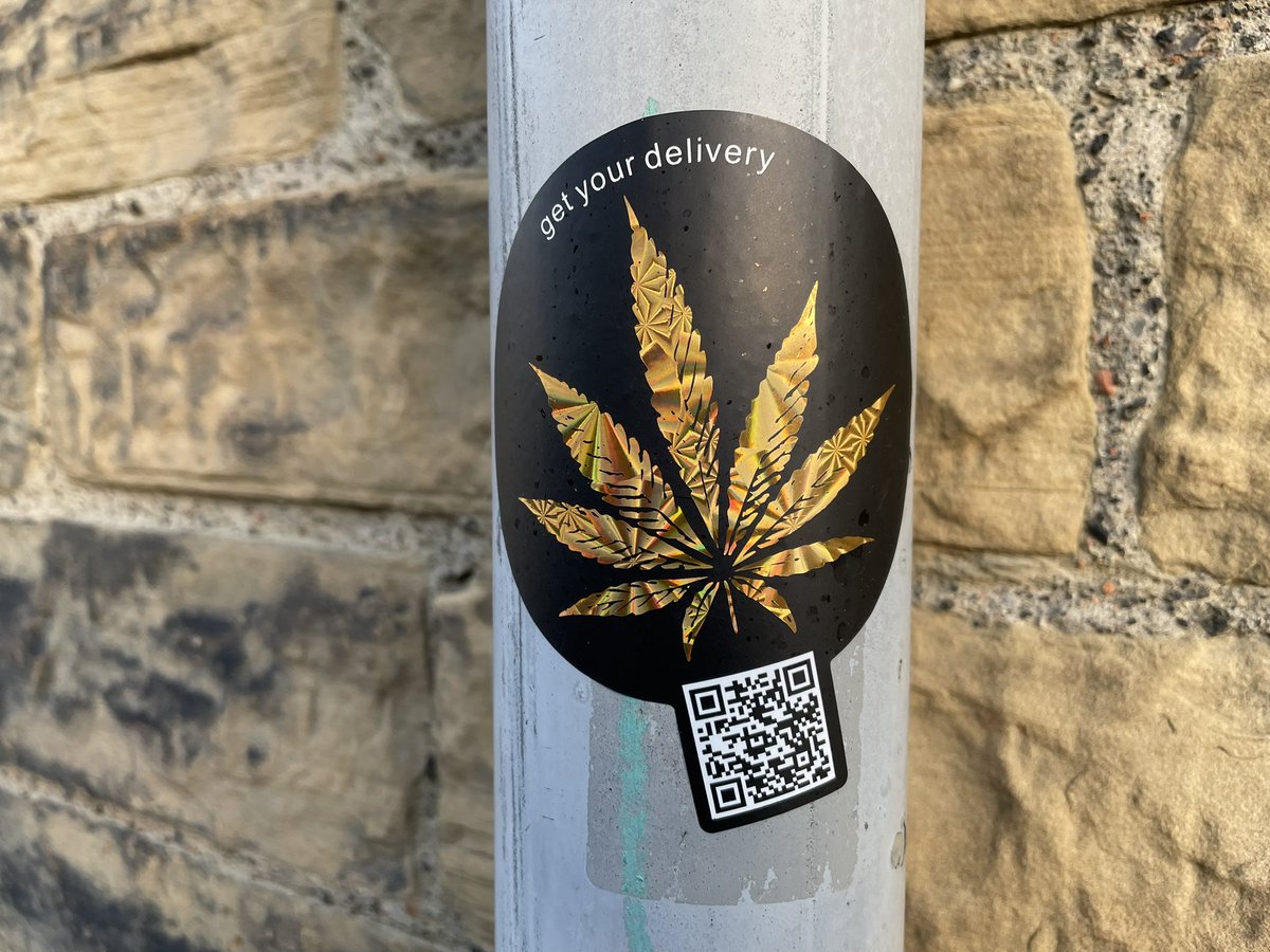 Last week these stickers appeared all over #Barnsley, today I’m in #Bradford  and they are also here. the QR  code links to a slick #cannabis delivery service. With drugs this accessible there has never been a more clear need for effective #drugpolicy suitable for 2023 not 1973!