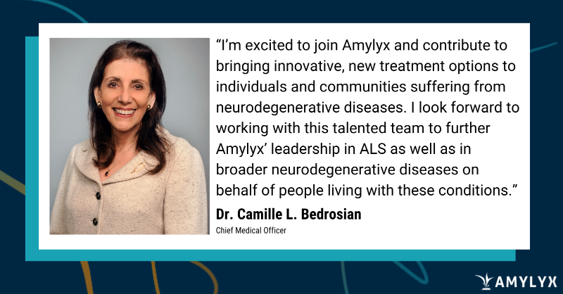 AmylyxPharma's tweet photo. We’re excited to welcome Dr. Camille L. Bedrosian to #TeamAmylyx as Chief Medical Officer. Dr. Bedrosian brings nearly 30 yrs of experience addressing unmet needs for people with rare &amp; serious diseases. Learn more: https://t.co/StmYbFPGro