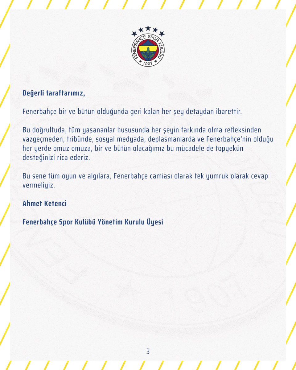 Fenerbahce's tweet photo. Yönetim Kurulu Üyemiz Ahmet Ketenci resmi mecralarımız aracılığıyla taraftarlarımıza çağrıda bulundu. 

🔗 https://t.co/ryISpMuy33 https://t.co/ASlog6qJhC