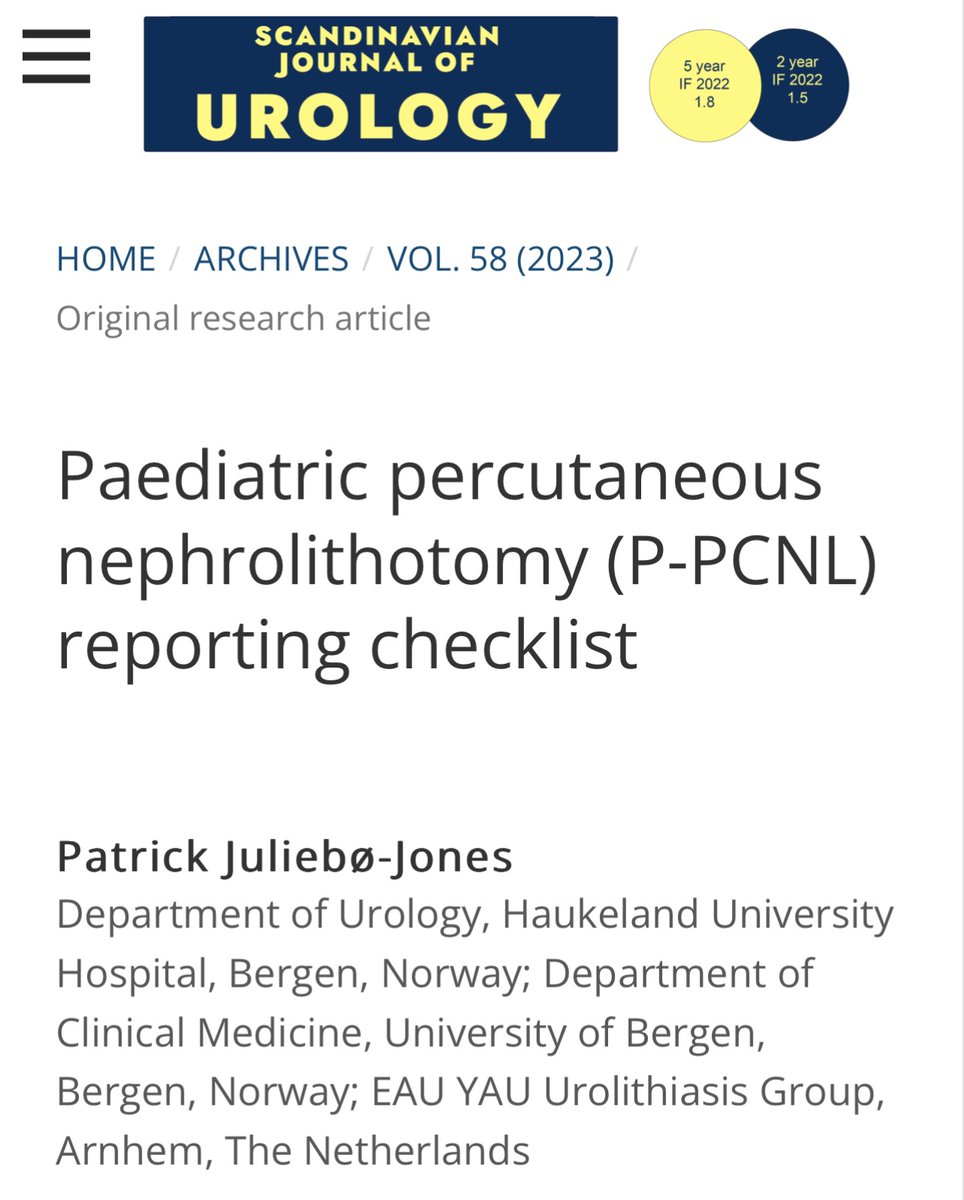 Practical paediatric-PCNL reporting checklist out! Highly relevant 🌎 given the current reporting heterogeneity and debate in best practice patterns. Full-text medicaljournalssweden.se/SJU/article/vi… From stone centres of excellence in Bergen&Southampton by @uropatrick @yvindUlvik @BeislandC