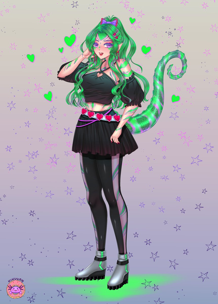 NinuughAXO's tweet photo. Hemwo moots! I share my recent characyer design commish for @/Phoenixscribe

Meet Damira! The sweet and athletic chameleon gurl💚💜💚I really love how she turned out and I like her style she cho cute!

Pls shower her with ❤ and RTs
#Commission #artmoots #design #commissionsopen https://t.co/FH61mXRjwE